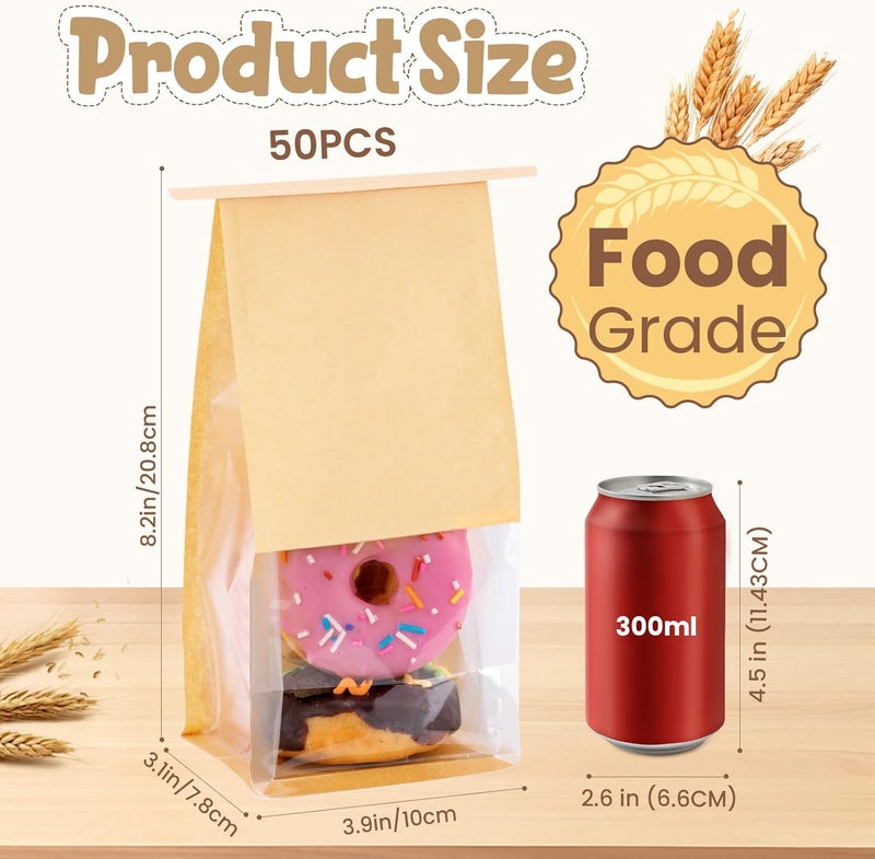 HONKID Cookie Bags with Seal, 50 Pack 3.9x3.1x8.2 Inches Small Bakery Bags with Window Tin Tie Tab Lock Resealable Cookie Gift Bags for Cookies Donut Baked Goods Packaging - Image 2